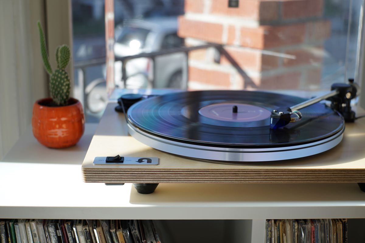 plywood turntable near window